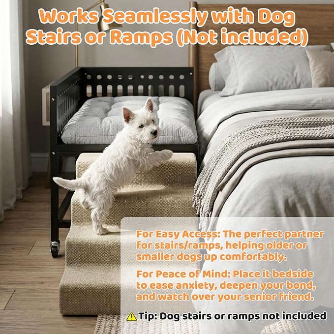 Beside Dog Bed,2 Panels Adjustable Height Dog Bunk Beds,26.8”x18.1” Metal Frame & Cushion, Converts to Bunk Bed or Bed Extension Attachment for Human Bed, for Small Dogs