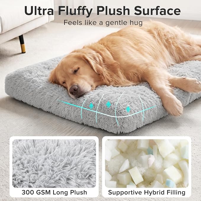 JOEJOY Large Dog Bed Crate Pad, Deluxe Plush Washable Dog Beds Fulffy Soft Kennel Pad Anti-Slip Pet Sleeping Mat for Large Medium Small Dogs, 35" x 23", Grey