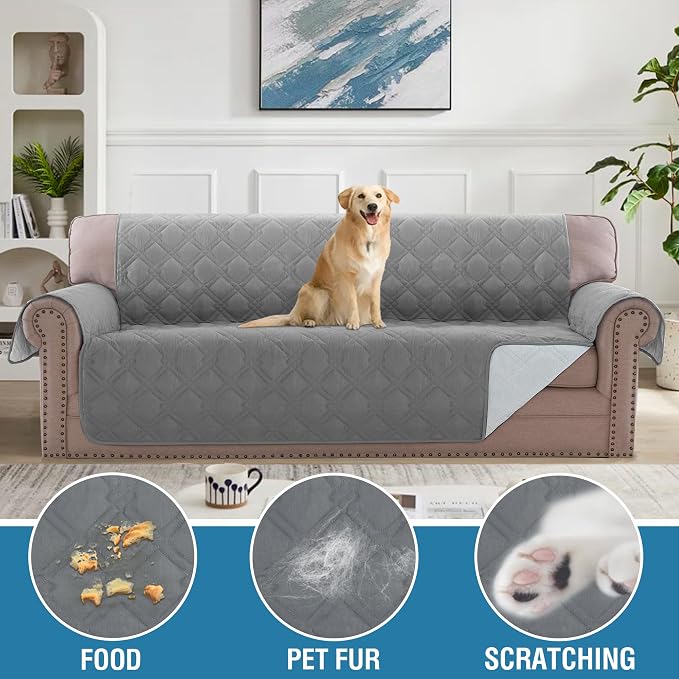 H.VERSAILTEX 100% Waterproof Couch Cover 4 Seater Sofa Slipcover Furniture Protector for Pets Kids Children Dog Cat with Non-Skid Backing (Oversized Sofa, Dove Grey)