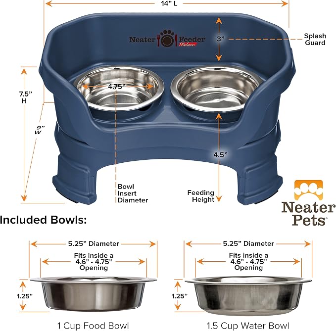 Neater Feeder Deluxe Mess-Proof Elevated Cat Bowls, 2 Height Adjustable (6” & 7.5”) No-Spill Raised Cat Bowl Stand, Whisker Friendly Stainless Steel Dishes for Indoor Cats, Made in USA, Dark Blue