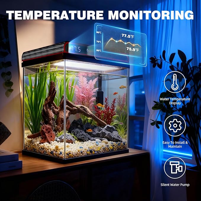 Coospider 5 Gallon Glass Fish Tank, Aquarium Starter Kit, Simpel Self-Cleaning Aquarium Kit with Ultra-Quiet Filter Pump, 3-Color LED Lights, Temp Monitoring for Fish, Shrimp, Kids Gift Ideas