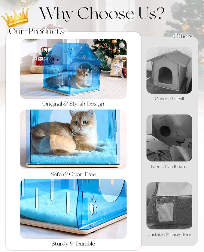 Acrylic Cat House for Indoor Cats, Transparent Cat Bed Cave with Plush Cushion & Hanging Toys, Modern Ventilated Cat Condo with Sturdy Wooden Base for Adult Cats & Kittens up to 15 lbs, Blue
