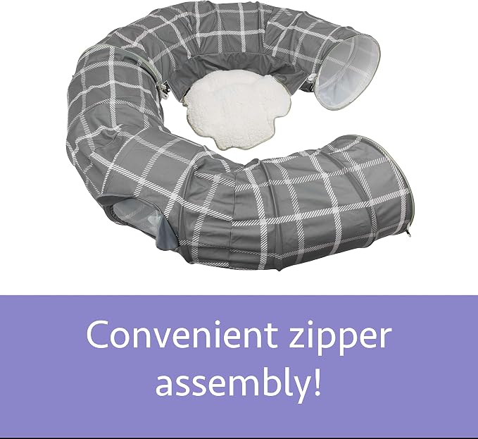 Kitty City Large Cat Tunnel Bed, 2-in-1 Zip-Together Cat Play Tunnel & Plush Nap Bed, Pop-Up Indoor Cat Toy with Hanging Toys, Collapsible Design - Grey