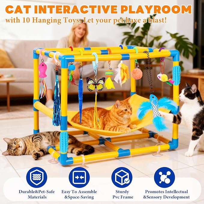 Cat Jungle Gym With Hanging Interactive Toys, Hammock Cat Activity Center | With Cat Self Groomer, Removable PVC Frame With Colored Spring Rope, Cat Enrichment Toys For Bored Indoor Adult Cats, Kittens