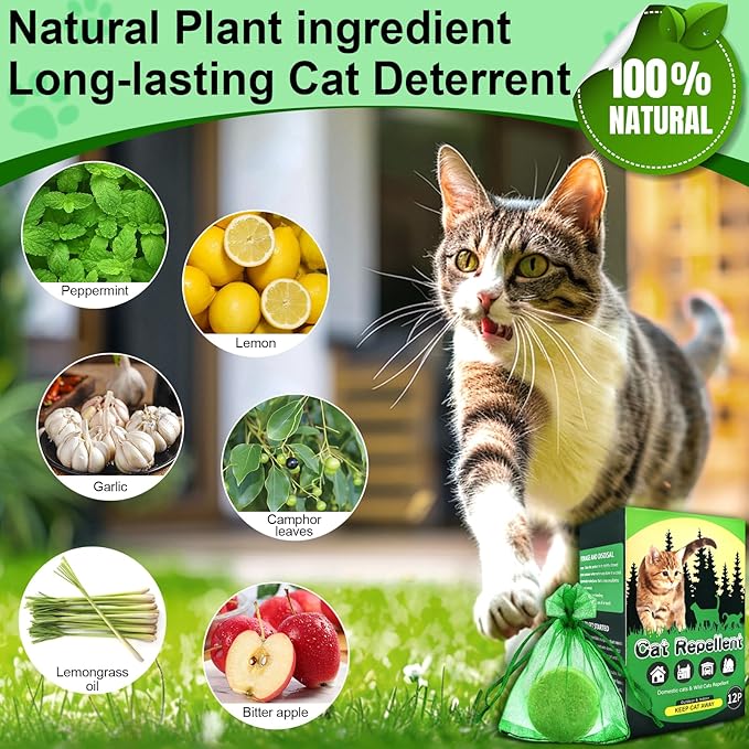 Cat Deterrent Outdoor,12 Pack Natural Peppermint Oil Cat Deterrent Balls Outdoor Indoor to Keep Cats Out of Yard Permanently Garden Lawn Prevent Scratch Chew