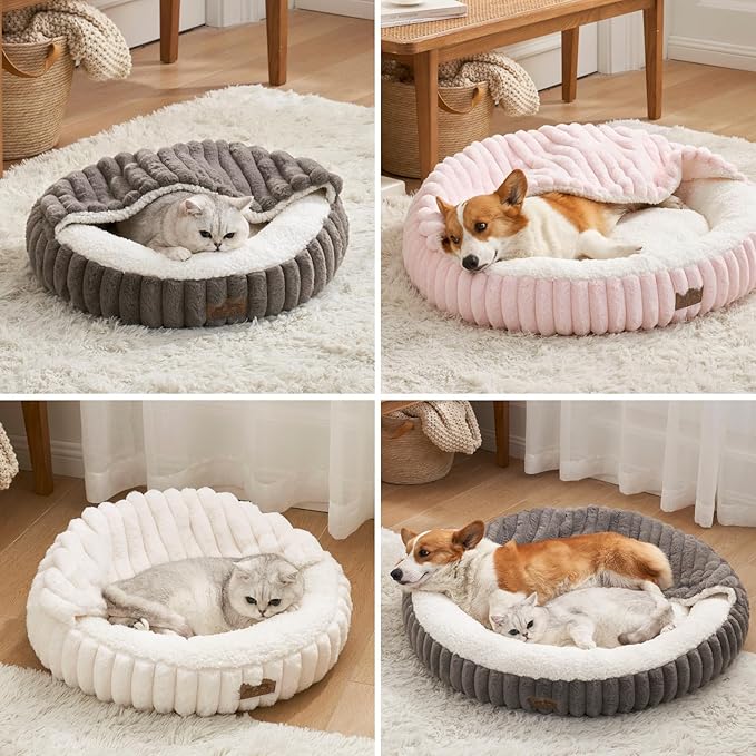 Cat Bed with Hooded Blanket, Round Fluffy Anti-Anxiety Pet Bed for Cats/Small Dogs, Cozy Donut Cuddler with Machine Washable Faux Fur & Anti-Slip Bottom(23"×23"×6",Grey)