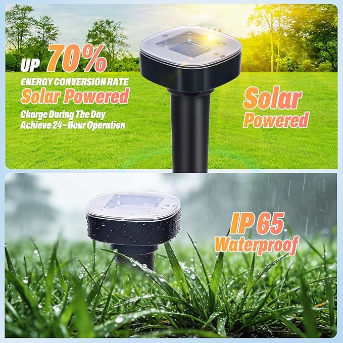 10 Pack Mole Repellent Solar Powered, Snake & Skunk & Vole & Gopher & Armadillo & Rabbit & Groundhog & Chipmunk & Raccoon Repellent for Yard, IP65 Waterproof Ultrasonic Deterrent for Lawns Garden