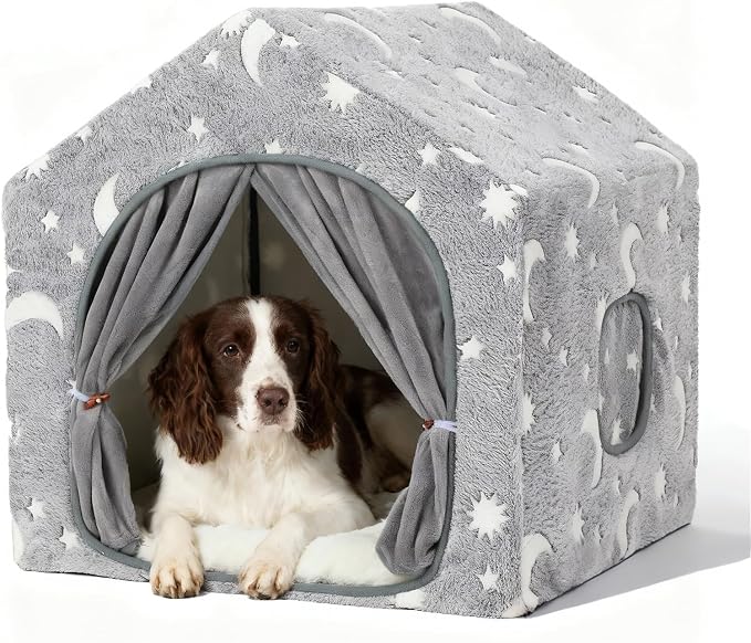 Indoor Dog House, Soft Warm Glow Dog Cave for Small & Medium Dogs | Warm Plush Dog Cave Bed with Sturdy Frame, Machine Washable, Non-slip, for Indoor Dogs and Cats