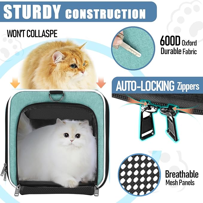 GAPZER Large Cat Carrier Soft, Collapsible Travel Pet Carry Bag, Small Dogs | Big Kitten Cat 20lbs Mainecoon, Top Open Travel Shih-Tzu Pet Kennel, Yorkie Small Dog 10 Pounds, 18x12x12, Durable Cloth Teal