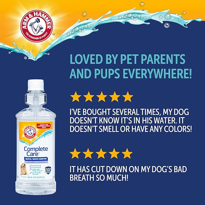 Arm & Hammer Complete Care Dental Water Additive for Dogs, Easy Portion Bottle 16 Fl Oz, Dog Breath Freshener, Odorless and Flavorless, Baking Soda Enhanced for Tartar Control