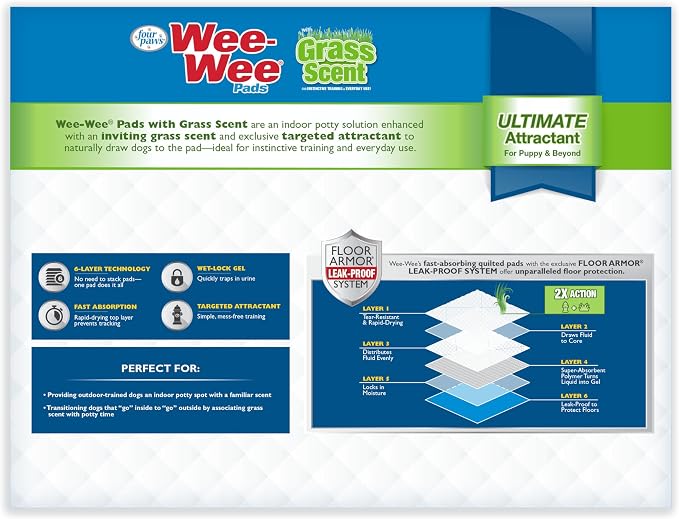 Four Paws Wee-Wee Ultimate Attractant Dog Pee Pads, Grass Scent, 100 Count | Smells like real grass, leak-proof puppy pads, dog housebreaking & potty training, 24-hour floor protection, 22" x 23"