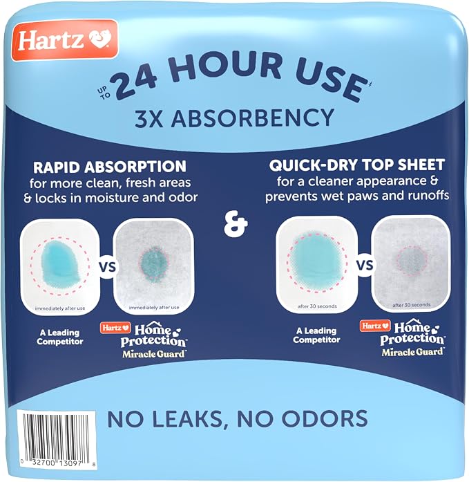 Hartz Miracle Guard Dog and Puppy Dog Pads Max Absorbency 24 Hour Use Odor Eliminating No Leaks, 2XL Size, 20 Count (Pack of 2)