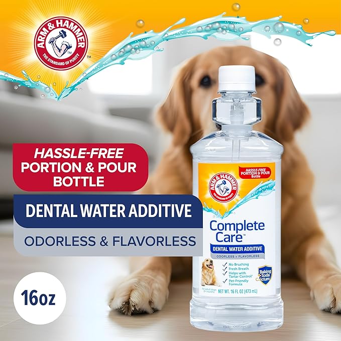 Arm & Hammer Complete Care Dental Water Additive for Dogs, Easy Portion Bottle 16 Fl Oz, Dog Breath Freshener, Odorless and Flavorless, Baking Soda Enhanced for Tartar Control