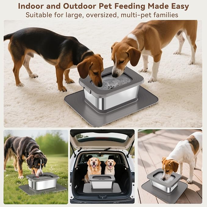 10L No Spill Dog Water Bowl Stainless Steel for Messy Drinkers | Large Capacity Slobber Stopper, Slow Drinking Anti Splash Design, XXL Silicone Mat, For Large Dogs & Multi-pet Homes, Grey