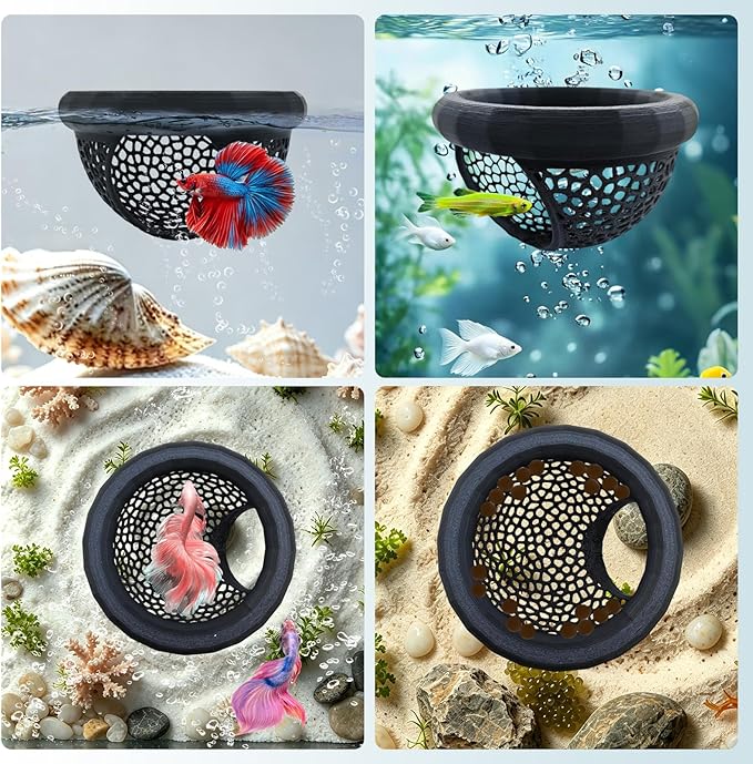 Floating Betta Hide Shrimp Cave, Multi Functional Betta Fish Hammock and Feeding Rings, Provide Safe Resting Places for Bettas, Shrimp and Small Fish, PLA Material (Black)