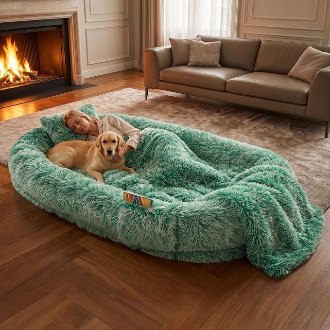 Human Dog Bed, Oversized Plush Lounger Bed with Plump Pillow and Blanket | 71" x 45" x 12" Long Plush Polyester Floor Nest for Relaxing, Napping, Reading, and Family Cuddle Time - Gradient Green