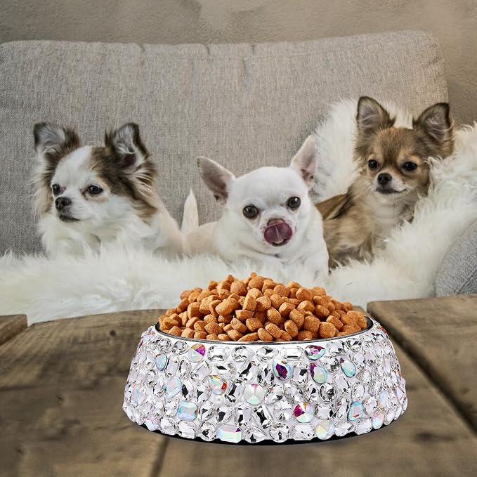 SlowVibes Sparkle Stainless Steel Dog Cat Bowl, Detachable, 7oz | Big rhinestone metal food or water bowl for small dogs and cats, rust-resistant non-slip puppy dish, sparkle pet essential