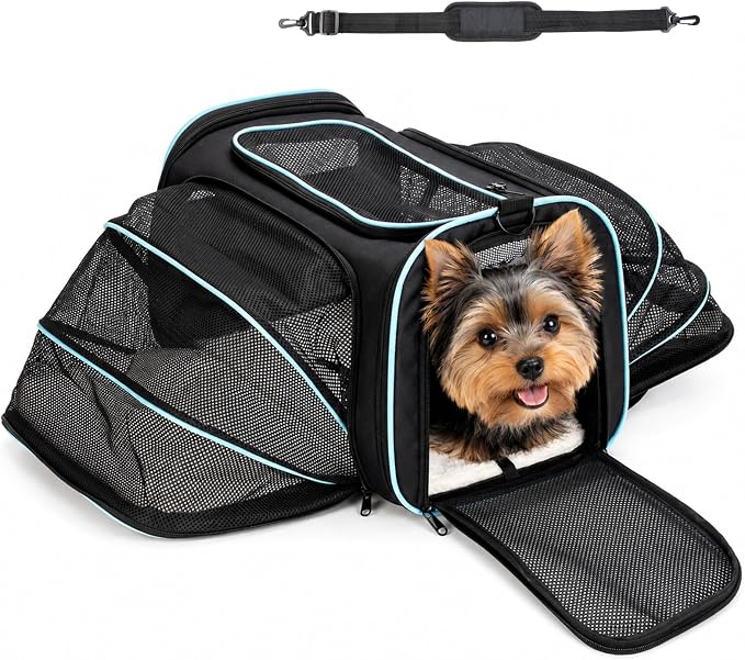 Soft-Sided Expandable Small Dog Carrier, Airline Approved for Traveling | Durable Mesh Large Cat Pet Puppy Flight Carrier for Kittens, Puppies and Rabbits, 17x11x11 Inches