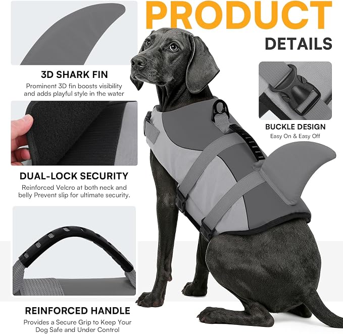 Dog Life Jacket Ripstop Shark Dog Safety Vest Adjustable Preserver with High Buoyancy and Durable Rescue Handle for Small,Medium,Large Dogs, Grey Shark X-Small