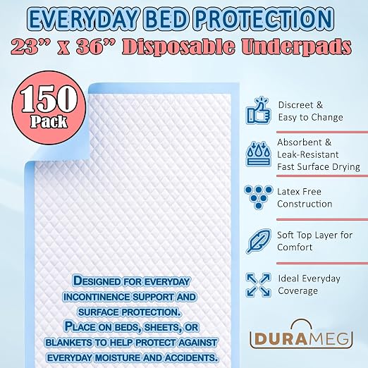 Chucks Disposable Underpads 23x36 150 Count Bed Pads Incontinence Chux Pads | Moderate Absorbency, Waterproof Leakproof, Mattress & Furniture Protection, Adults & Elderly, Puppy Training Pads, Chairs