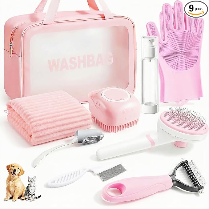 9PCS Dog Bath Kit & Dog Brush Kit for Dogs & Cats - Professional Pet Grooming Tools Set with Shedding Brush, Bath Scrubber, Dematting Comb & Storage Bag - Complete Dog Washing Essentials, Pink