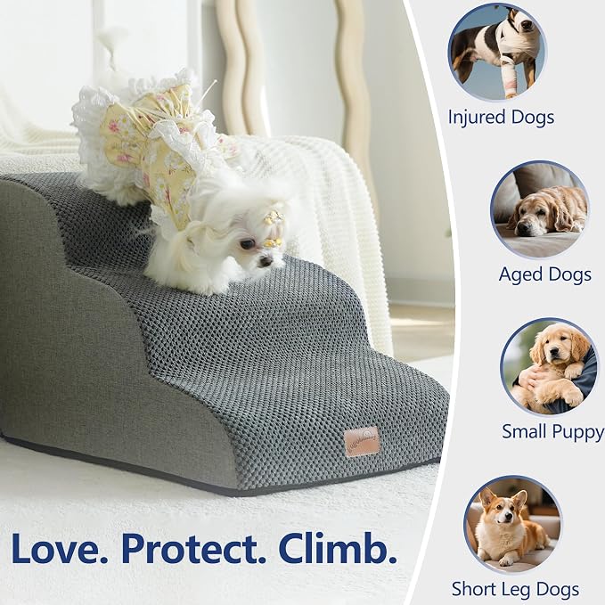 GoGoBunny Dog Stairs for High Bed, 19.7" H 4-Step Ramp Dog Steps, Grey | Pet Steps & Ramp for Small Medium Dogs Cats, oint Friendly, Waterproof Non-Slip, Balanced Durable Indoor Pet Stairs