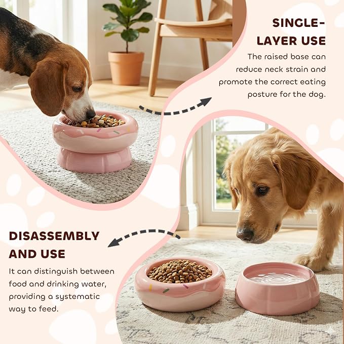 Donut Duo Ceramic Dog Bowl, Dog Water Bowl and Dog Food Bowl, Pet Bowls (Pink)