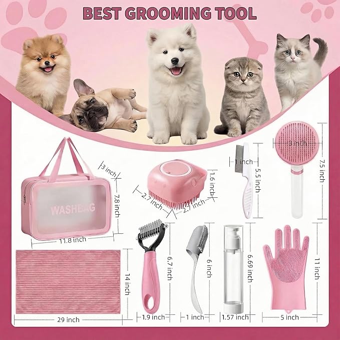 9PCS Dog Bath Kit & Dog Brush Kit for Dogs & Cats - Professional Pet Grooming Tools Set with Shedding Brush, Bath Scrubber, Dematting Comb & Storage Bag - Complete Dog Washing Essentials, Pink