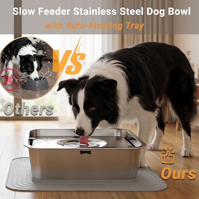 15L/3.96Gal No Spill Dog Water Bowl, Non-Slip Mat for Large Dogs | Spill Proof Water Bowl with 304 Stainless Steel Floating Disk, Slow Drinking Pet Bowl for Messy Drinkers, Indoor/Outdoor