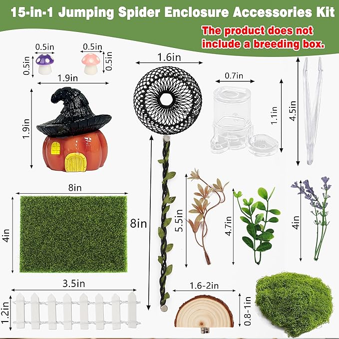 Jumping Spider Enclosure Accessories Kit, 15-in-1 Multifunctional Tarantula Habitat Decor Set with Hideouts, Plants, Ledge, Water Dish, Climbing Rope, Terrarium Decorations for Small Spiders