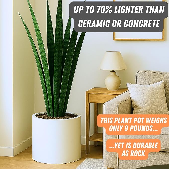 Fox & Fern Large Indoor Planter, Modern Large Plant Pot for Indoor or Outdoor, UV and Frost Resistant - 14.6 Inch, Matte White Flower Pot with Drainage Plug, Lightweight