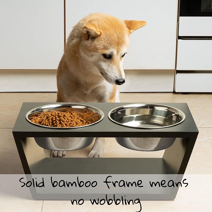 Elevated Dog Bowl Stand- 7" Raised Dog Bowl for Medium Dogs. Pet Feeder with Four Stainless Steel Bowls (Black)