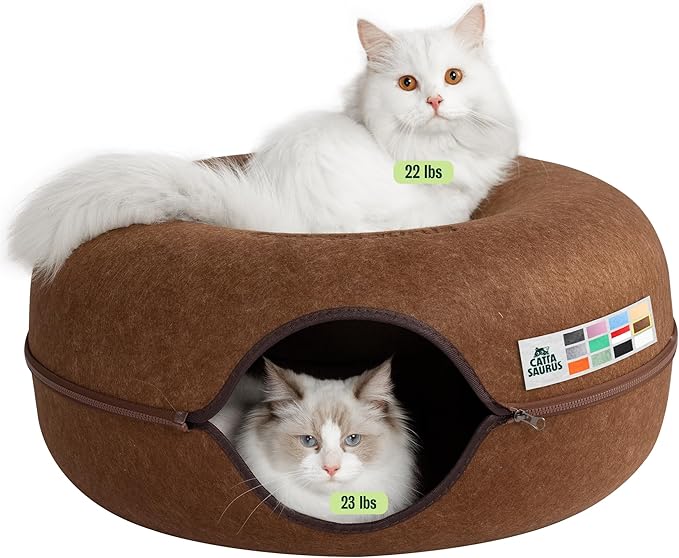 Peekaboo Cat Cave Donut for Multiple & Large Cats up to 30-45 lbs, 3-in-1 Self Warming Cat Bed, Tunnel & Scratcher for Indoor Cats, Washable & Detachable Small Dog Bed (Brown, Large)