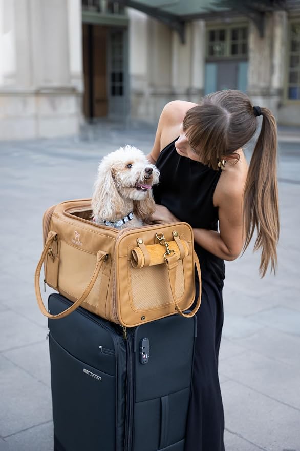 Noah & Paw Cat Carrier Soft Dog Carrier for Small Dogs, TSA Airline Approved 18x11x11in Cat Crate, Pet Travel Crate, Small Pet Kennel, Mattress Included, Camel Faux Leather