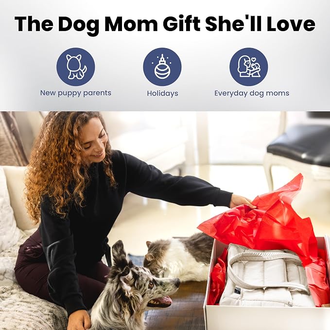 Puffer Dog Travel Bag for Dog Moms, Diaper Bag with Travel Bowls | 2 BPA-Free Collapsible Bowls, 2 Pet Food Containers, 9 Pockets, Everyday Puffer Bag Works With or Without Your Dog, Beige