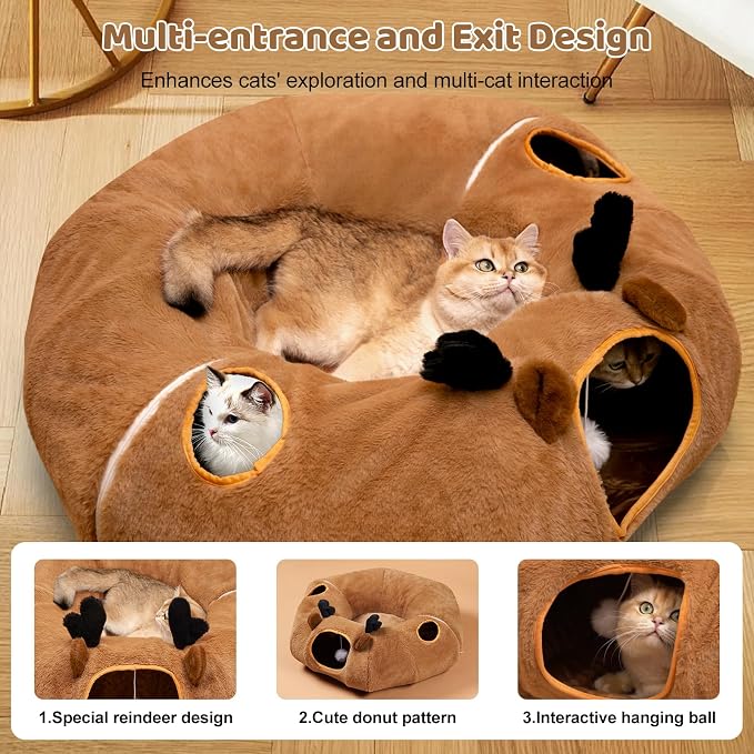 Cat Tunnel Bed with 20 Pcs Interactive Toys, 3-in-1 DIY Collapsible Plush Cat Tube with Washable Mat, Large Indoor Play Tunnel Cave for Kittens and Small Animals