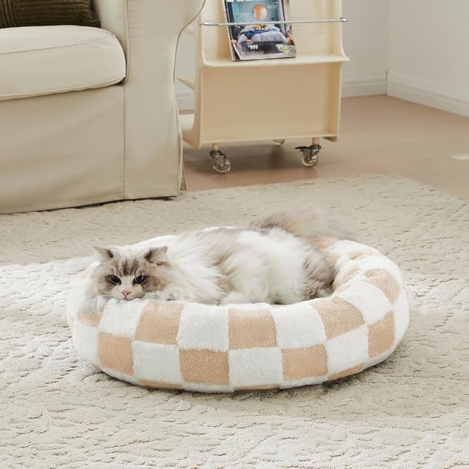 Ohocut Checkered Cat Dog Bed, Cute Beige Khaki Retro Style Aesthetic Round Warming Pet Calming Beds for Small Dog and Cats, Plush Cozy Donut Beds Washable, 23" L x 23" W x 8" Th