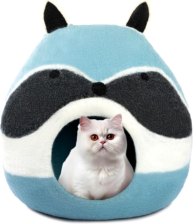 Luxurious Merino Wool Cat Cave - Foldable Hideaway Pod for Indoor Cats - Premium Felt Kitten Pet Enclosure - Covered Cat House for Ultimate Cozy Comfort by Woolygon (Racoon)