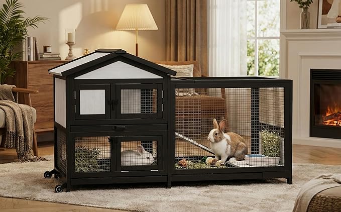 Rabbit Hutch 58" Rabbit Cage Outdoor&Indoor 2-Story Chicken Coop Guinea Pig Cage on Wheels Bunny Cage with 3 Deep No Leakage Pull Out Tray,Waterproof Roof (Black)