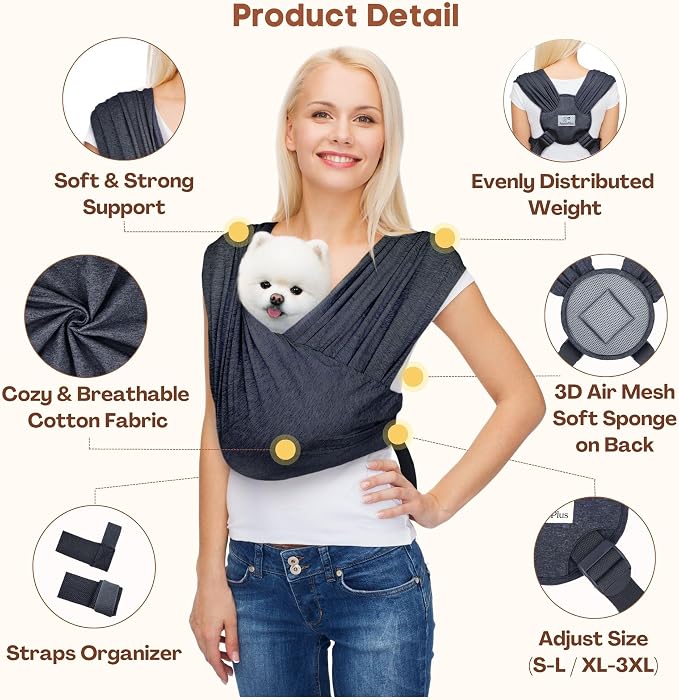 Small Dog Sling Carrier, Hands-Free, Charcoal Black, Plus | Patented Front Carrier Reduces Back and Neck Strain; Adjustable, Soft Cotton, 3D Air Mesh for Puppies & Cats up to 20 lb
