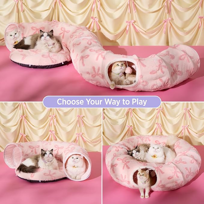 Lesure Donut Cute Jacquard Large Cat Tunnel Bed Kitten Toys for Dog Bunny | 39.5x39.5x10in,Round Large Cat Bed Tube for Multi Kittens,Pet Peekaboo Cave Toy,Spiral Hideaway,Washable Cushion,Pink Taffy