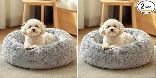 JOLLYVOGUE Dog & Cat Bed, Calming Anti-Anxiety Pet Bed for Small Dogs, Fluffy Donut Cushion for Small and Medium Pets (20") (Pack of 2)