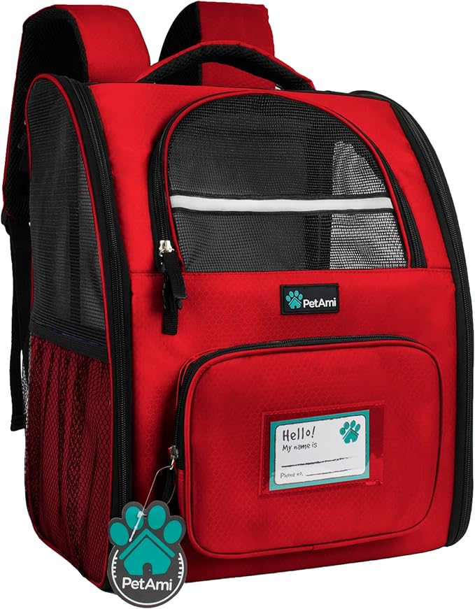 PetAmi Dog Backpack Carrier for Small Medium Dogs Large Cats up to 18 lbs, 2 Side Entry, Structured No-Collapse Frame, Airline Approved Ventilated Pet Backpack for Hiking Camping Travel Vet, Red