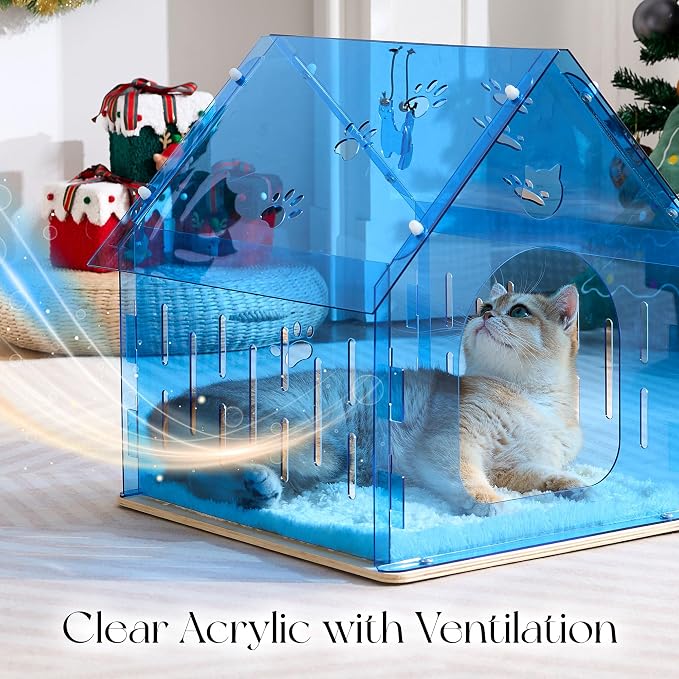 Acrylic Cat House for Indoor Cats, Transparent Cat Bed Cave with Plush Cushion & Hanging Toys, Modern Ventilated Cat Condo with Sturdy Wooden Base for Adult Cats & Kittens up to 15 lbs, Blue