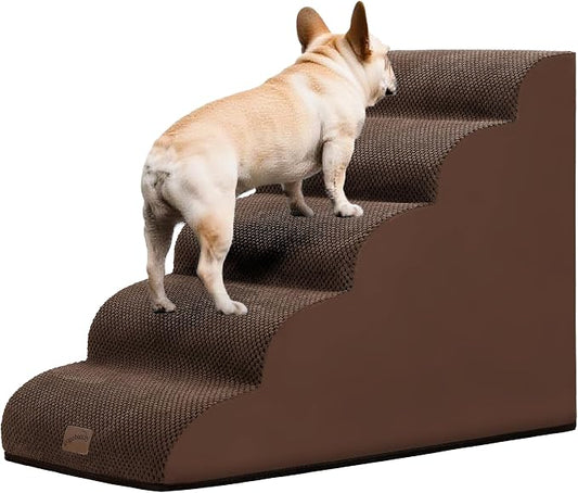 GoGoBunny Ramp Dog Stairs for High Beds 22.6" H, 5-Step Dog Slope Stairs with Durable Waterproof Fabric Cover, Pet Steps for Old Large Dogs Climbing, Non-Slip Sturdy Indoor Step, Brown