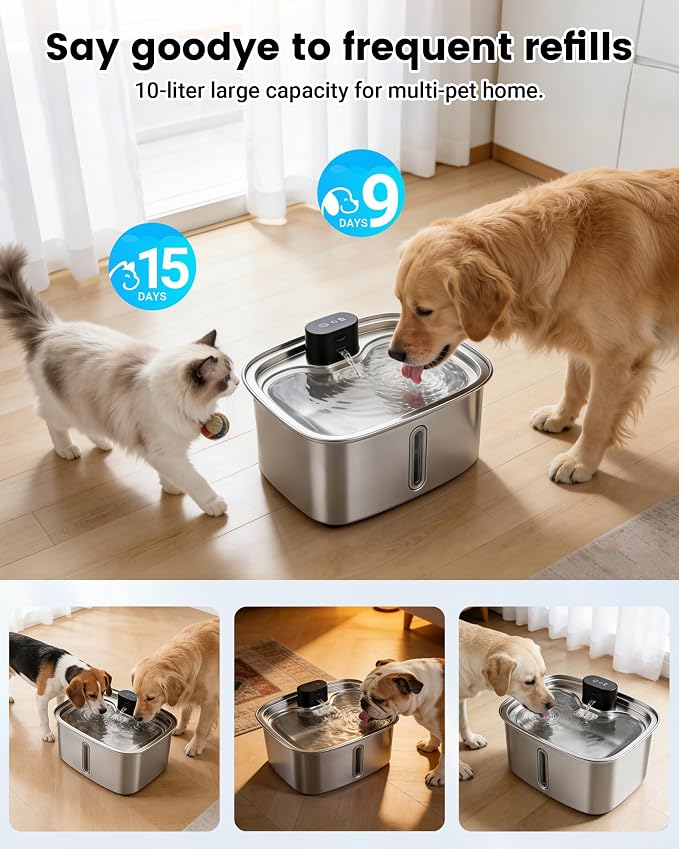 Smart Dog Water Bowl Dispenser Large, 10L/ 2.64Gal Cordless Dog Water Fountain Stainless Steel with APP Monitoring, 4000mah Automatic Cat Water Fountain for Mutil-Pets Large Dogs, 3 Fountain Modes