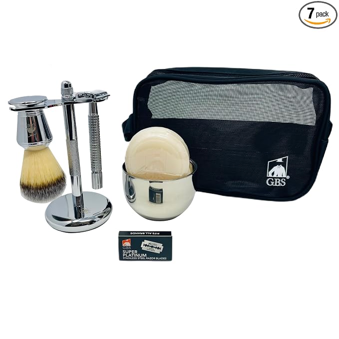 GENTS Men's Grooming Shaving Kit - Butterfly DE Safety Razor, Badger Bristles Brush, Chrome Shaving Soap Bowl, Shaving Soap, Brush and Razor Stand With 10 DE Blades