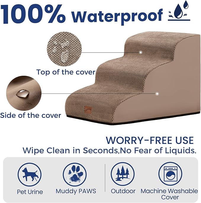 GoGoBunny Ramp Dog Stairs for Couch Sofa and Chair 15.7" H, 3-Step Pet Steps for Small Dogs and Cats, Non-Slip Waterproof Fabric Cover, Stable and Balanced Indoor Step, Pets Friendly, Camel