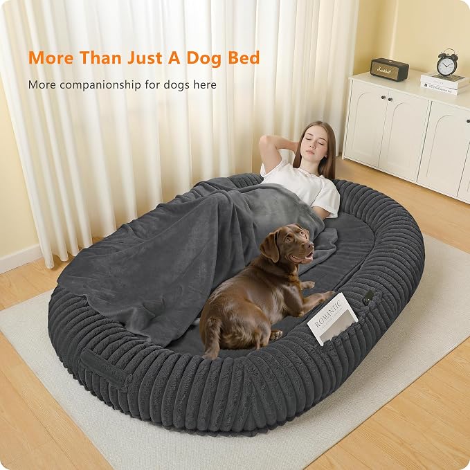 Human Dog Bed for Adult, Orthopedic Gel Memory Foam, 71"x47"x9" | Human Dog Bed Fits Adult & Pets, Reversible Egg-Crate Foam Cushion, Washable Pet Bed with Blanket, Dark Grey