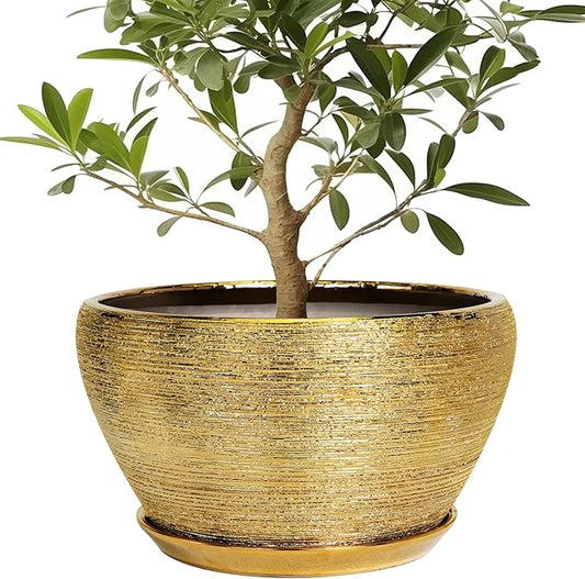Ceramicfor Ceramic Planter 13 Inch - Indoor Plant Pot with Drainage Hole and Saucer Large Ceramic Pot for Plants Mid-Century Decorative Modern Outdoor Flower Pot for Home Decor Gold